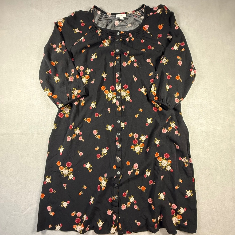 J. Jill Womens Black Floral Button Front Rayon Midi Dress Smocked Neck Size L - Picture 2 of 7